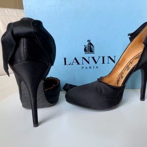 Lanvin Black Bow-Embellished Satin Heels